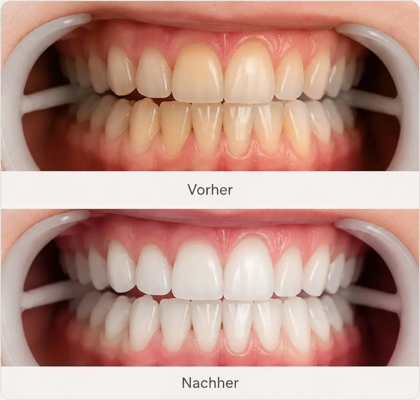 Bleaching Vorher-Nachher: Zahnaufhellung um mehrere Farbnuancen – Symbolbild
